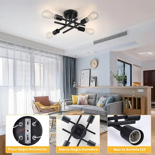Miniatura 8 de SunRider Lámpara de Techo Industrial Semiempotrada de 4 Luces, Luces de Casa de Campo Moderna Negro Mate, Candelabro Rústico Sputnik para Dormitorio