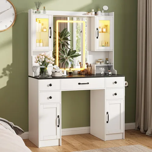 Miniatura 16 de KAMABOKO Escritorio de tocador con luz y espejo, mesa de maquillaje blanca con cajones y estación de carga, 3 modos ajustables para dormitorio y 042