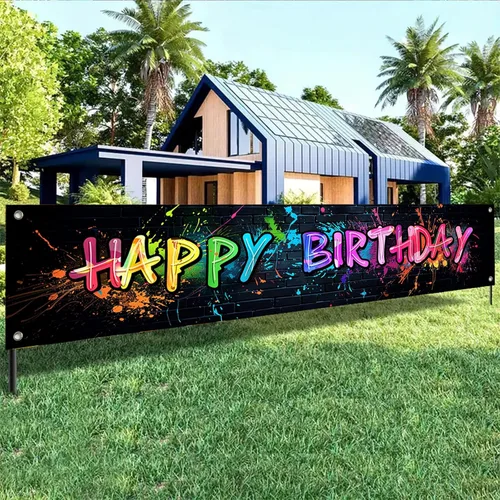 Miniatura 6 de BlissYard Cartel de feliz cumpleaños con diseño colorido de grafiti salpicaduras, vibrante y divertido, 118 x 20 pulgadas para fiesta de cumpleaños