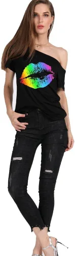 Miniatura 20 de MAGICMK - Camiseta casual para mujer, con estampado de labios y hombro descubierto, talla extragrande
