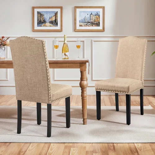 Miniatura 10 de Yaheetech Juego de 4 sillas de comedor tapizadas de tela moderna con patas de madera maciza y adornos de cabeza de clavo para cocina, sala de estar