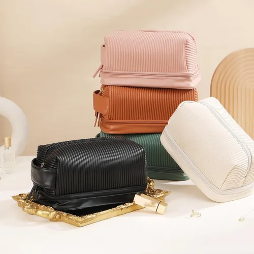 Miniatura 7 de Bolsa de maquillaje, bolsa de viaje grande de doble capa impermeable con asa y compartimento para cepillos para mujeres, Negro -, Color puro