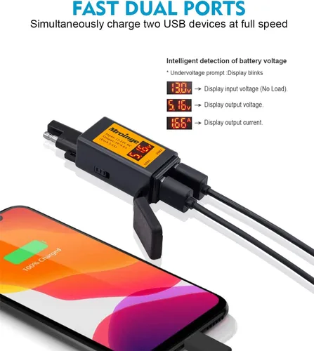Miniatura 3 de Cargador USB para motocicleta, adaptador Mroinge 4.8A SAE a USB con voltímetro y amperímetro, enchufe de desconexión rápida con cargador USB doble