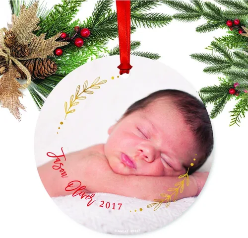 Miniatura 2 de Andaz Press Adorno de Navidad de metal personalizado con foto, bebé, corona dorada de vacaciones, fecha del nombre del bebé, 1 paquete, incluye