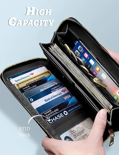 Miniatura 2 de Cartera para mujer con tarjetero para tarjetas de crédito, bolsillos para dinero, correa de pulsera, monedero con bloqueo RFID, gran capacidad