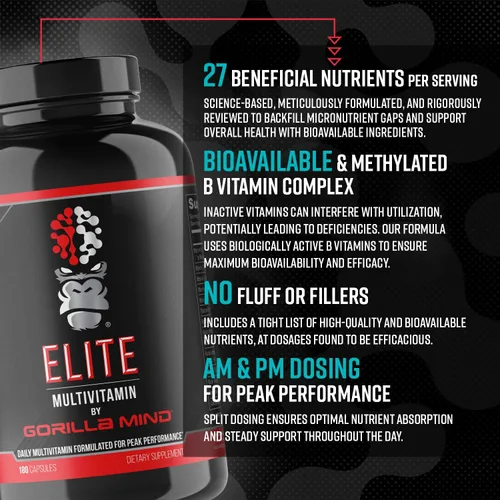 Miniatura 3 de Gorilla Mind Elite Multi-Vitamin (180 Cápsulas) – Fórmula Multivitamínica Diaria Formulada para Rendimiento Máximo 27 Nutrientes para Compensar