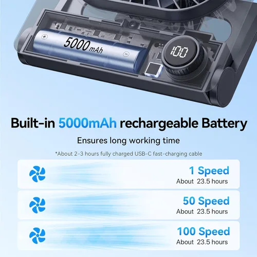 Miniatura 4 de Ventilador de escritorio, ventilador ultrafino de 6.61 pulgadas con batería de 5000 mAh con viento potente, 100 velocidades ajustables y pantalla