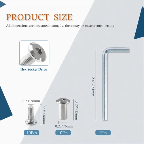 Miniatura 3 de 10 pares (20 piezas) M6 x 0.630 in Tornillo hexagonal con llave Allen, pernos de conector plateados para muebles, tornillos avellanados M6, tuercas