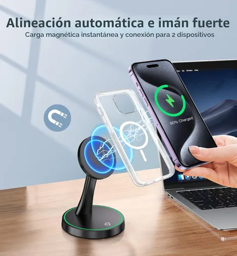 Miniatura 6 de Soporte de Cargador Inalámbrico Magnético 15W Carga Rápida Mag-Safe para iPhone 17/17 Pro/17 Air/17 Pro Max 16/15/14/13/12 Serie Negro