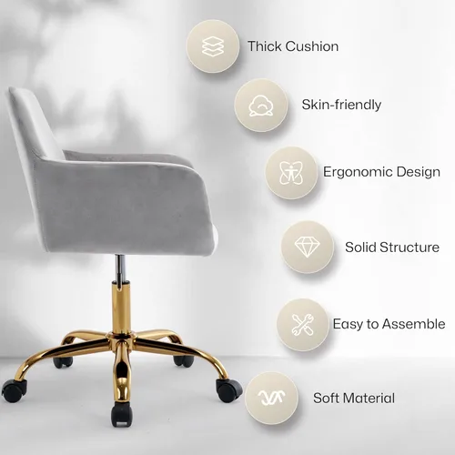 Miniatura 7 de Silla de Escritorio Giratoria de Piel Sintética de 360°, Moderno Sillón de Oficina en Casa Ajustable en Altura con Base Dorada para Adolescentes