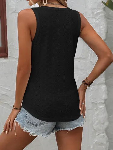 Miniatura 2 de WDIRARA Camiseta sin mangas con cuello en V para mujer, con bordado y ojales