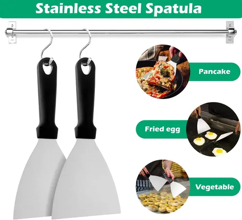 Miniatura 4 de HaSteeL - Juego de 2 espátulas de metal, 9.8 x 3.6 pulgadas, de acero inoxidable, con borde inclinado, espátulas planas Teppanyaki Hibachi, Mango