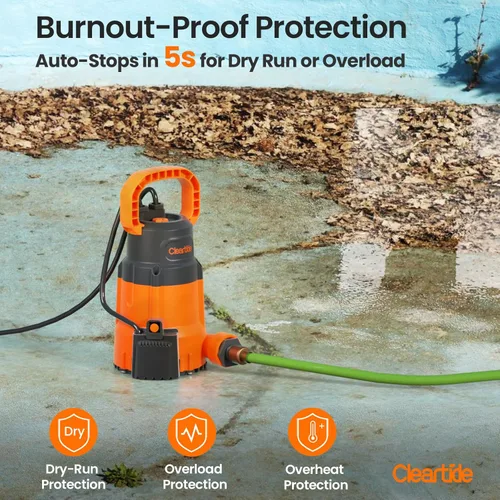 Miniatura 6 de Cleartide Bomba sumergible de 1/3 HP, 2790 GPH de alto flujo, bomba de sumidero portátil con sensor de agua automático, ideal para sótano y patio