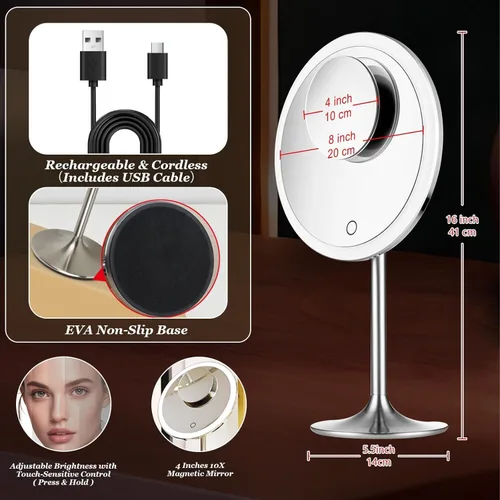 Miniatura 3 de Espejo de maquillaje de 9 pulgadas con luces, aumento de 5X y 10X, diseño magnético delantero/trasero, recargable e inalámbrico, atenuación táctil