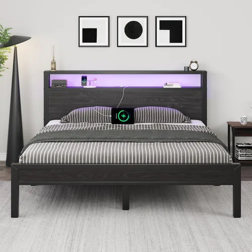 Marco de cama tamaño completo con cabecera de almacenamiento, cama plataforma industrial con estación de carga y luces LED, listones de metal Negro
