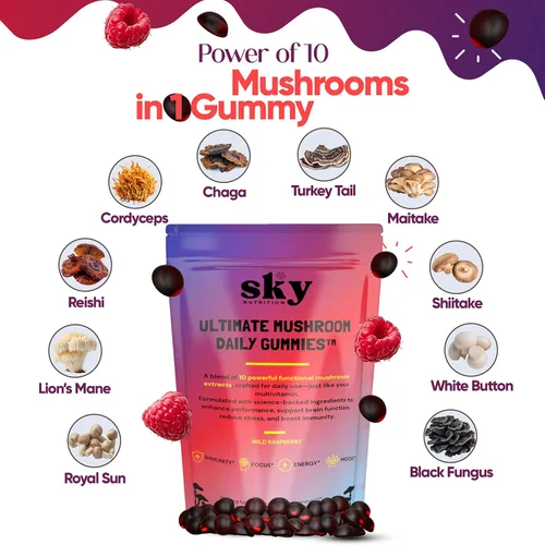 Miniatura 4 de Gomitas de hongos para adultos, 10 en 1, potente complejo de hongos con melena de leones, reishi, cordyceps, cola de pavo - para claridad mental