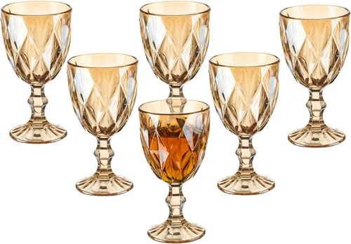Juego de 6 copas de vino vintage, 10 onzas, copas de agua de cristal de colores, diseño único en relieve, cristalería con tallo de alta