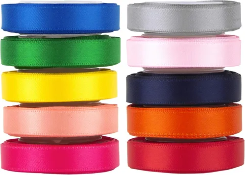 VATIN Cinta de satén de poliéster de doble cara de color sólido, 10 colores de 3/8 pulgadas x 5 yardas cada uno en total de 50 yardas por paquete,