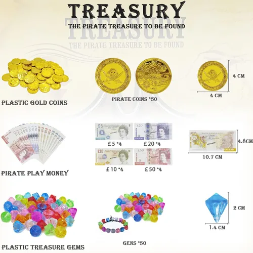 Miniatura 4 de Juego de 128 piezas de cofre del tesoro pirata con marco dorado para niños, juguetes de simulación pirata vintage, incluye monedas, joyas, dinero