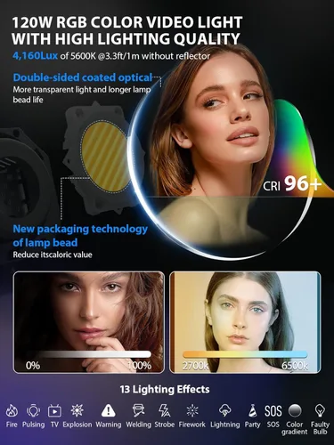 Miniatura 2 de Luz de video, COLBOR CL120R RGB 120W Iluminación continua M/G Balance 2700~6500K CRI96+ Luz de estudio con montaje Bowens, 13 efectos de luz