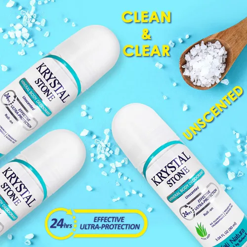 Miniatura 4 de KRYSTAL STONE Desodorante Roll On Sales minerales naturales con aloe vera (paquete de 3) - Fórmula de belleza transparente y limpia - Sin fragancia