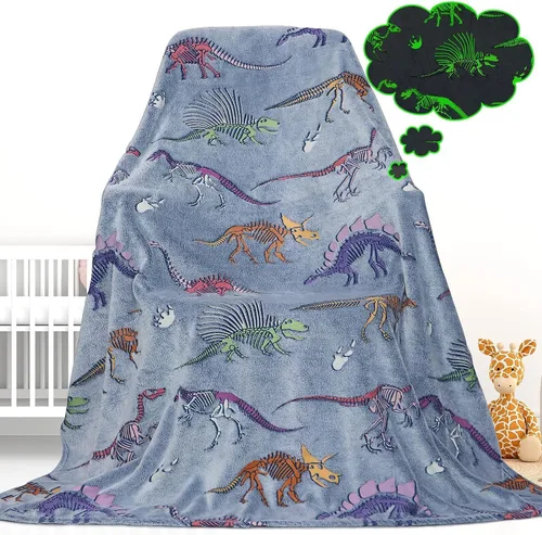 Miniatura 17 de Gdindff Bonita manta infantil que brilla en la oscuridad con diseño de dinosaurio para niños, de franela que brilla en la cama, sofá, sofá, manta