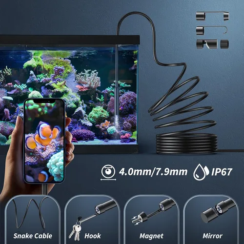 Miniatura 5 de Cámara endoscopio con luz, herramientas de boroscopio HD 1920P con 8 luces LED ajustables, endoscopio con cámara de serpiente semirrígida