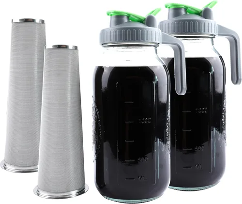 Cafetera de cerveza fría de 64 onzas, jarra de té helado con colador, juego de 2 jarras de vidrio de medio galón con tapa de boquilla, jarra de agua