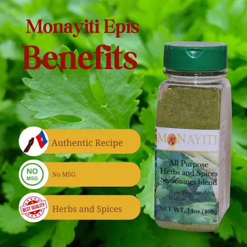 Miniatura 6 de Monayiti Epis Haitian Style Seasoning 14oz (400g). Condimentos en polvo. Mezcla de perejil, cebolla, ajo, base de pollo, sal, especias. No vegano.