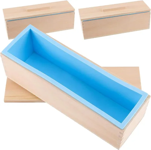 Juego de 3 moldes de jabón de silicona azul de 45 onzas, moldes rectangulares flexibles para hacer jabón con caja de madera, cubiertas de madera,