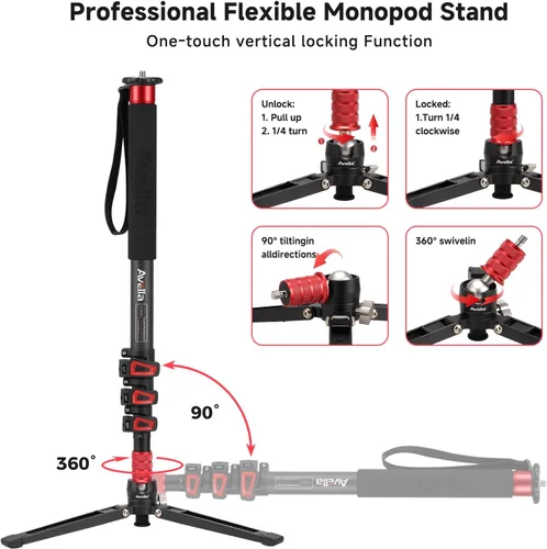 Miniatura 4 de Avella C324D fibra de carbono 67 pulgadas cámara monopod profesional telescópica video monopods base trípode para Canon Nikon Sony Olympus Panasonic