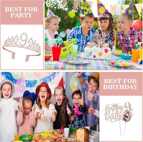 Miniatura 6 de Decoraciones de cumpleaños de 9 años para niña, que incluyen banda, corona, vela numérica y adorno para pastel; suministros de recuerdos de fiesta