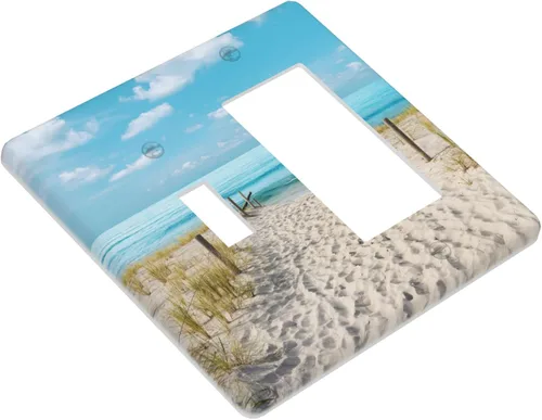 Miniatura 3 de Blue Ocean White Sand Beach 2 Gang Combination Toggle Rocker - Placa de pared para interruptor de luz doble, cubierta de salida decorativa eléctrica