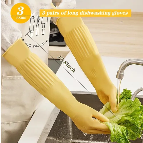 Miniatura 2 de 3 pares de guantes de 17.8 pulgadas de longitud con codo de goma reutilizables, impermeables, para limpieza del hogar y cocina, tamaño pequeño