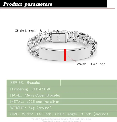 Miniatura 3 de Pulsera de plata de ley 925 maciza de eslabones cubanos de Miami para hombre, de 0.47 pulgadas, rectangular, 7, 7.5, 8, 8.5, 9, 9.5, 10 pulgadas