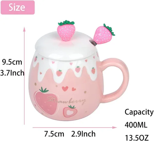 Miniatura 2 de Taza rosa, lindas tazas de fresa con cuchara coladora de tapa, regalos para mujeres, tazas de café de cerámica, taza de té Kawaii de 15 onzas