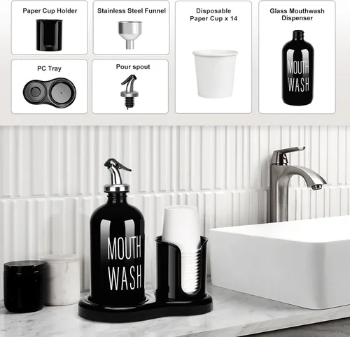 Miniatura 5 de Dispensador de Enjuague Bucal de Vidrio con Portavasos, BYAWAY Juego de Enjuague Bucal para Baño, Contenedor de Botella de Enjuague Bucal Recargable