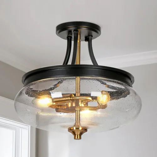 Miniatura 7 de classy leaves Lámpara de techo semiempotrada, color negro y dorado, lámpara de techo de 3 luces moderna de granja con vidrio sembrado para cocina