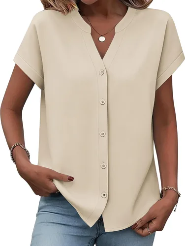 Zeagoo Camisas con botones para mujer, camisetas de manga corta, cuello en V, blusas casuales de negocios
