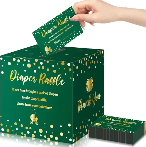 Miniatura 12 de Funrous 51 boletos para rifa de pañales con caja para invitaciones de juegos de baby shower, tarjeta de rifa de pañales para revelación de género