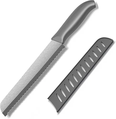Cuchillo de pan serrado de cerámica, cuchillo de cocina de hoja afilada de 8 pulgadas con tapa