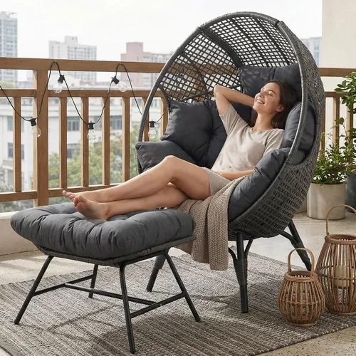 Miniatura 13 de NICESOUL Silla con forma de huevo de mimbre con otomano, silla de salón con cesta de huevo para interior y exterior con cojín, asiento de huevo