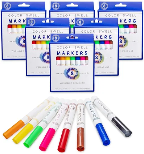 Color Swell Marcadores lavables, 6 cajas de 8 colores vibrantes, perfectos para niños, profesores, adultos, fiestas y familias..