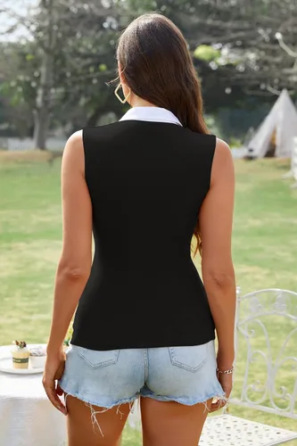 Miniatura 6 de Nasperee Polo elástico de manga corta, sin mangas, cuello en V, con botones, con cierre y solapa, para mujer