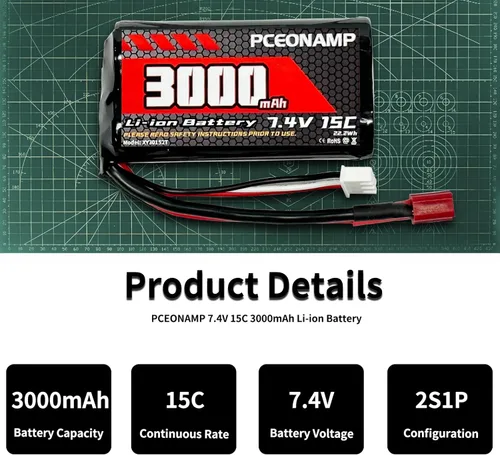 Miniatura 9 de Batería de iones de litio de 7.4V 3000mAh 2S con enchufe en T. Batería recargable para RC de alta velocidad de 4 ruedas motrices y la mayoría
