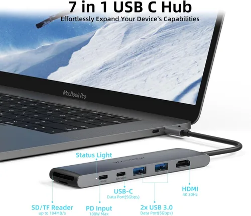 Miniatura 2 de Hub USB C, WALNEW 7 en 1, estación de acoplamiento USB-C con HDMI 4K, 100 W PD, 3 puertos de datos de 5 Gbps (1 USBC y 2 USB 3.0), lector de Gris