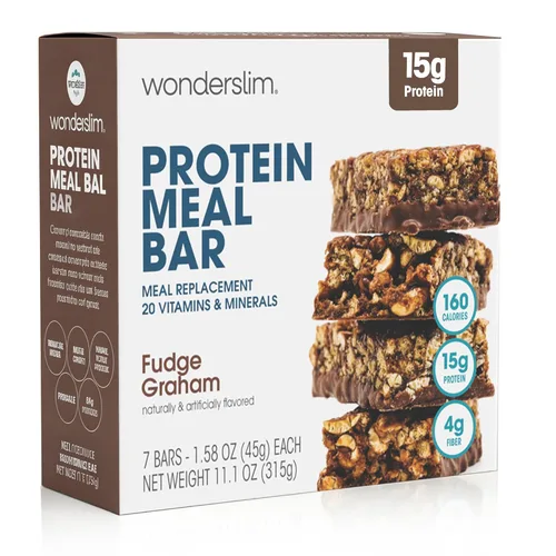 Miniatura 10 de Barra de proteínas WonderSlim para reemplazo de comida, Caramelo y Cacao, 15g de proteína, 20 vitaminas y minerales, sin gluten (7 unidades)