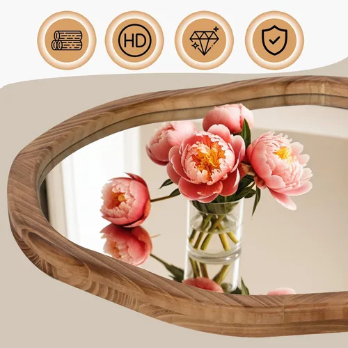 Miniatura 5 de ULIKE Espejo redondo de madera, espejo de pared circular irregular de 24 pulgadas con marco de madera, soporte de pared decorativo rústico