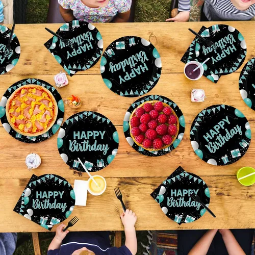 Miniatura 7 de 96 piezas de suministros para fiesta de feliz cumpleaños, decoraciones de color verde azulado y negro, 350 GSM, desechables, turquesa, juego