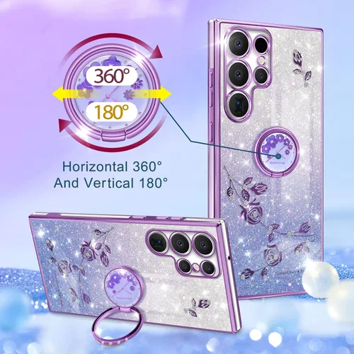 Miniatura 3 de Funda para Samsung Galaxy S22 Ultra con purpurina brillante para mujeres y niñas, cubierta de teléfono morada, diseño floral con anillo de flores